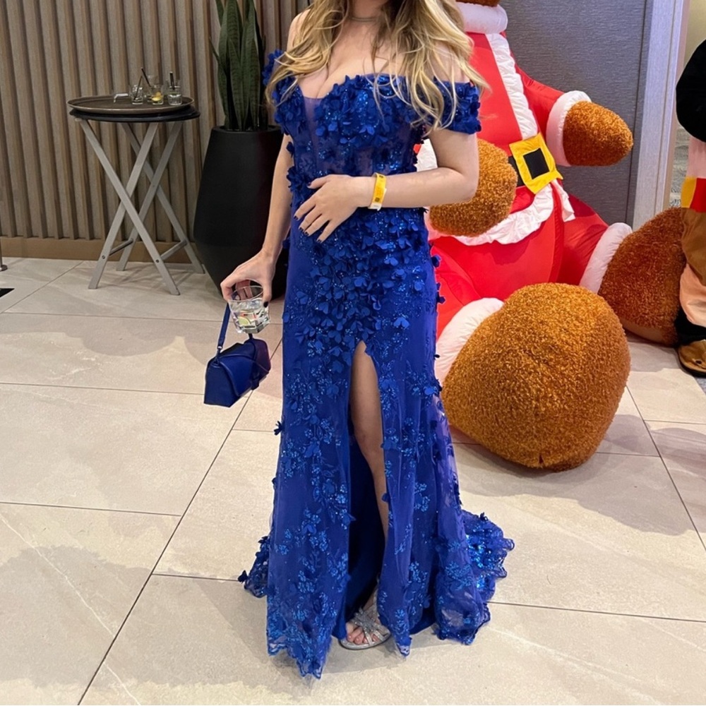 Blue Sequin Embellished Strapless Gown